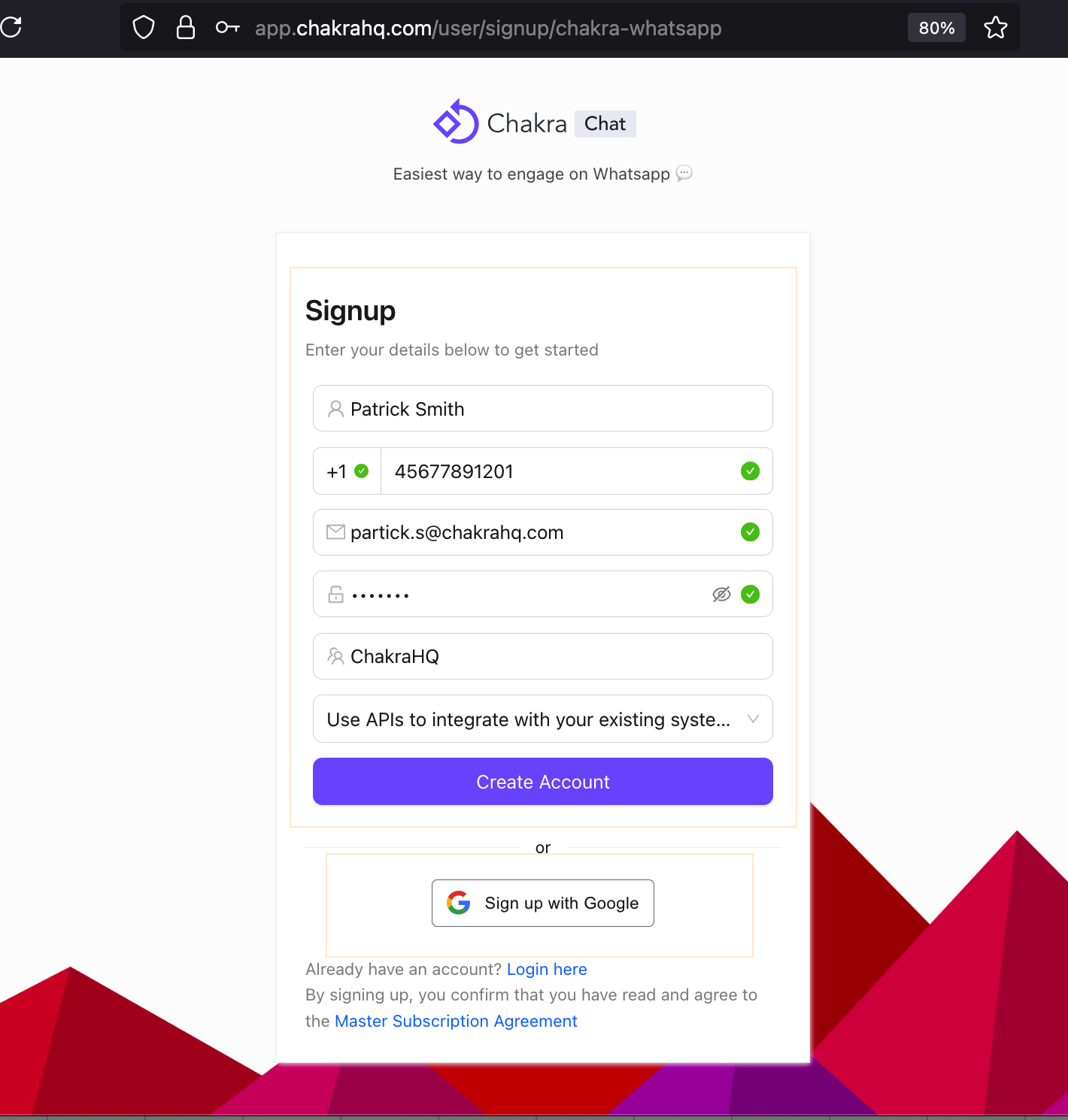 Signup in Chakra Chat